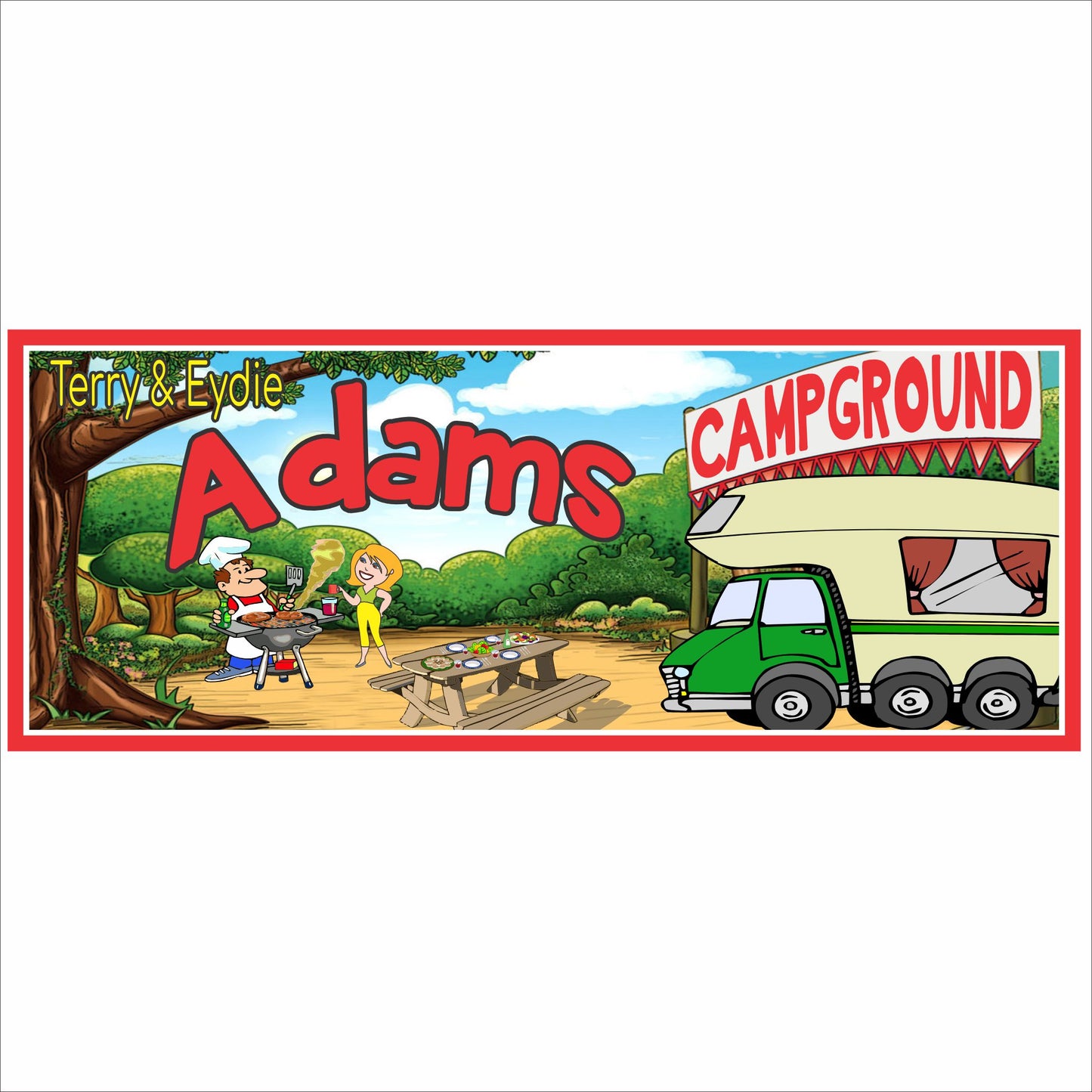 Personalized campground sign with RV, picnic table, and custom family name in a colorful outdoor scene