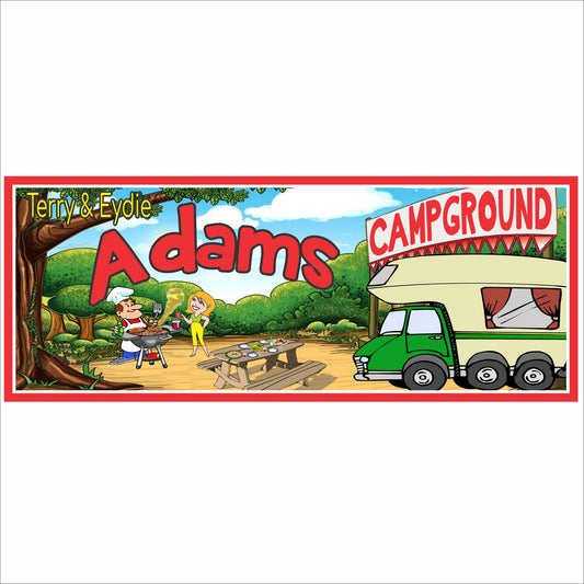 Personalized campground sign with RV, picnic table, and custom family name in a colorful outdoor scene