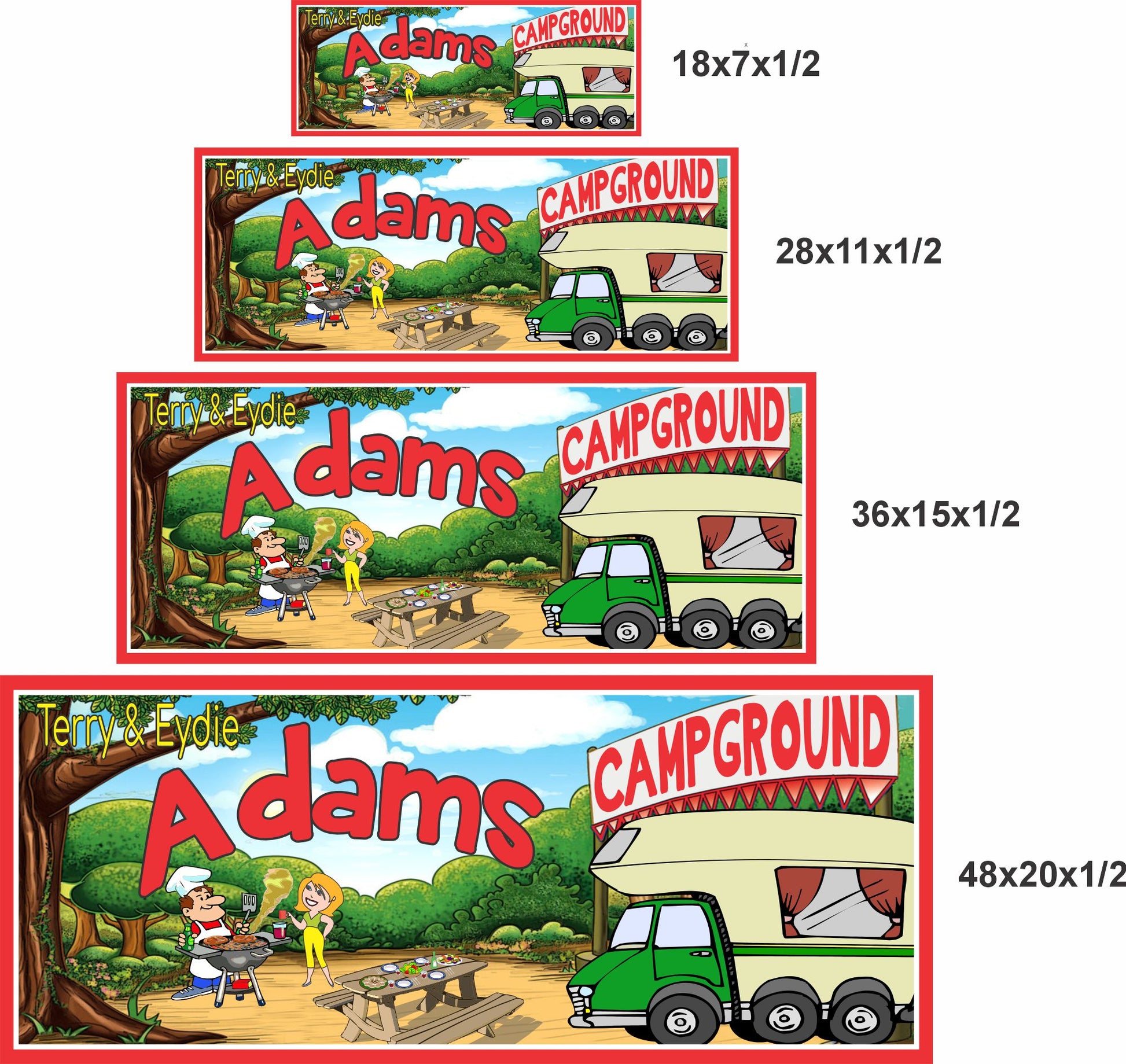 Personalized campground sign shown in 18x7, 28x11, 36x15, and 48x20 inch size options