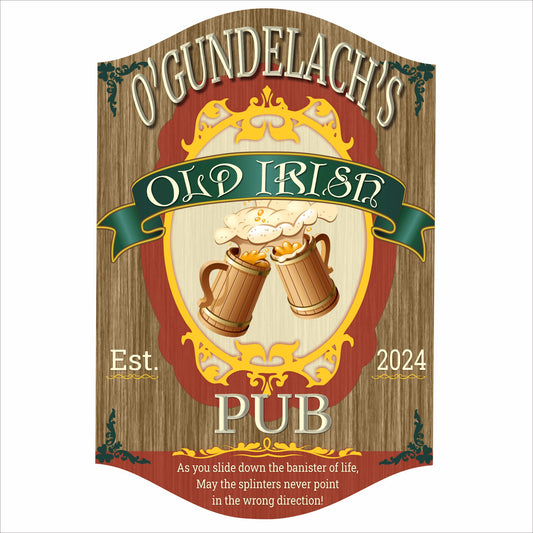 Personalized Irish pub sign with clinking beer mugs and classic green and gold design