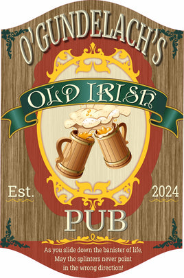Customizable Old Irish Pub Sign with toasting beer steins and frothy tops set against a wood grain background, enhanced by a vintage font for personalization. Edit any text, including name and established date, to create a unique and personalized gift.