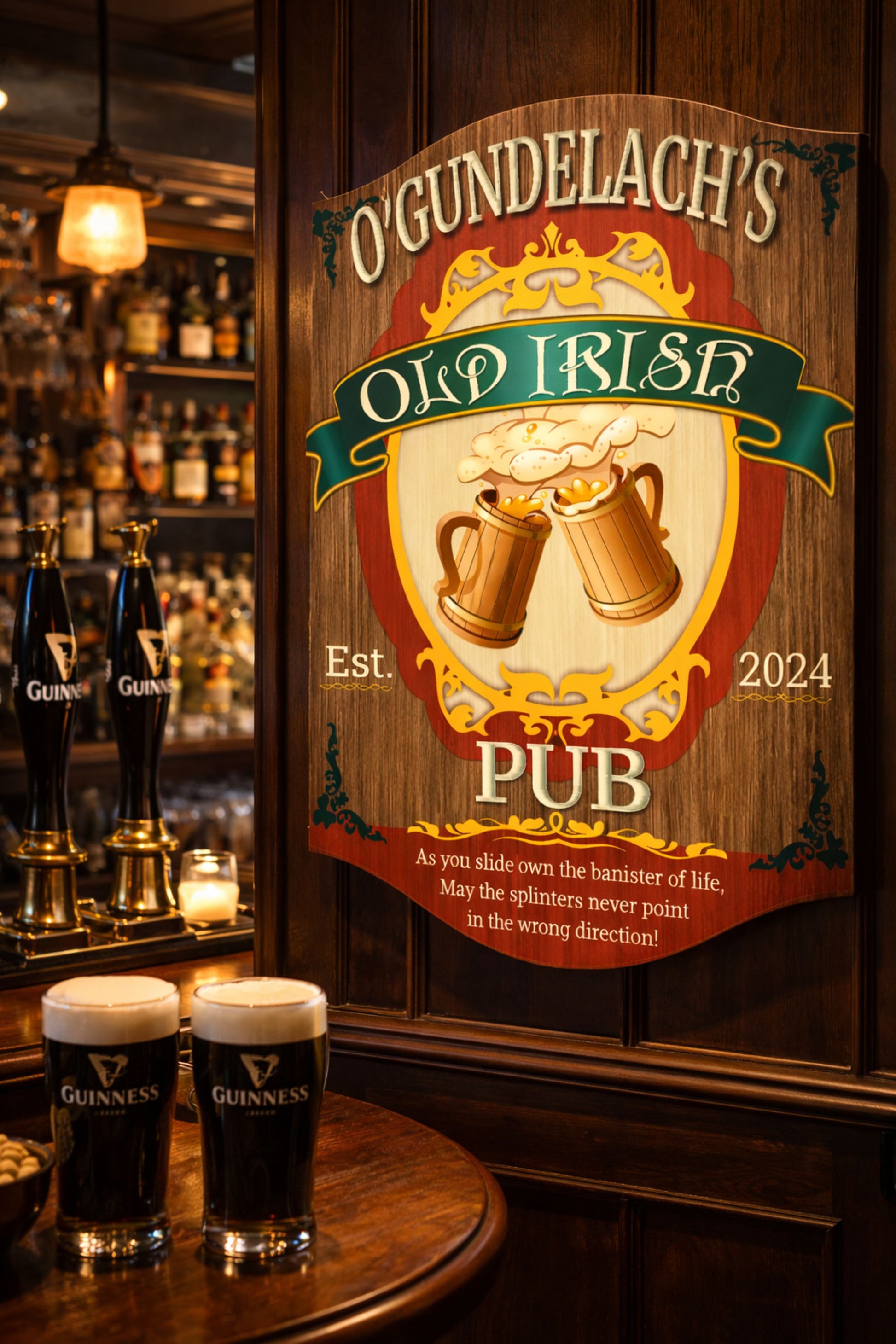 Custom Irish pub sign displayed in a cozy bar setting with beer and wood décor