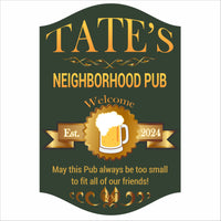 Personalized neighborhood pub sign with beer mug artwork and classic green pub design