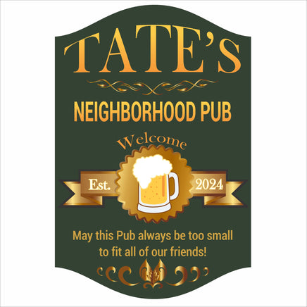 Personalized neighborhood pub sign with beer mug artwork and classic green pub design