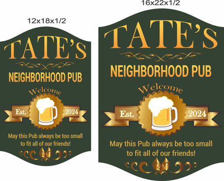 Personalized pub sign shown in 12x18 and 16x22 inch size options