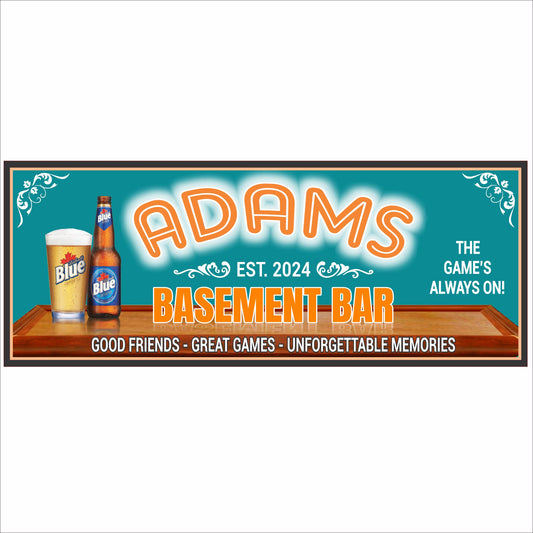 Personalized sports bar sign with beer graphics and bold lettering