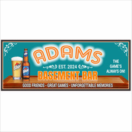 Personalized sports bar sign with beer graphics and bold lettering