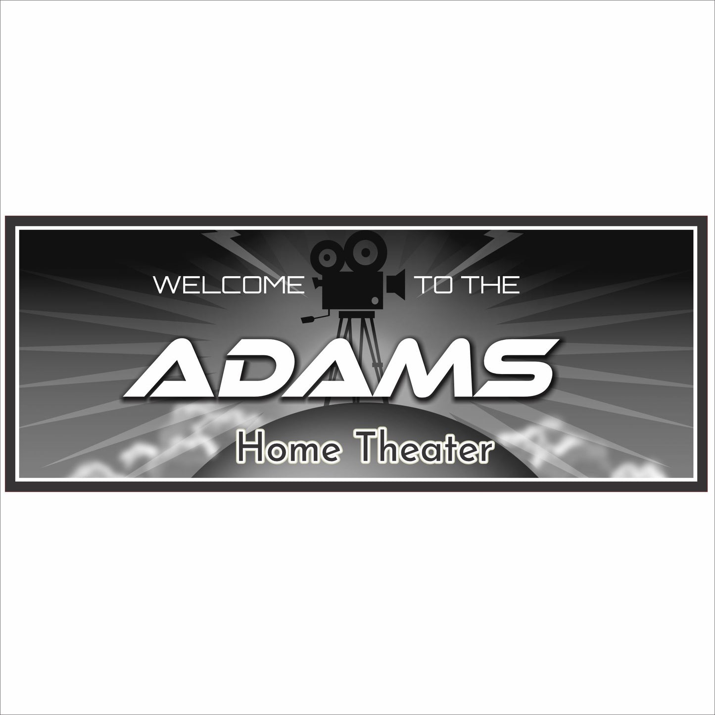 Personalized home theater sign with film camera graphic, spotlight rays, and bold marquee lettering
