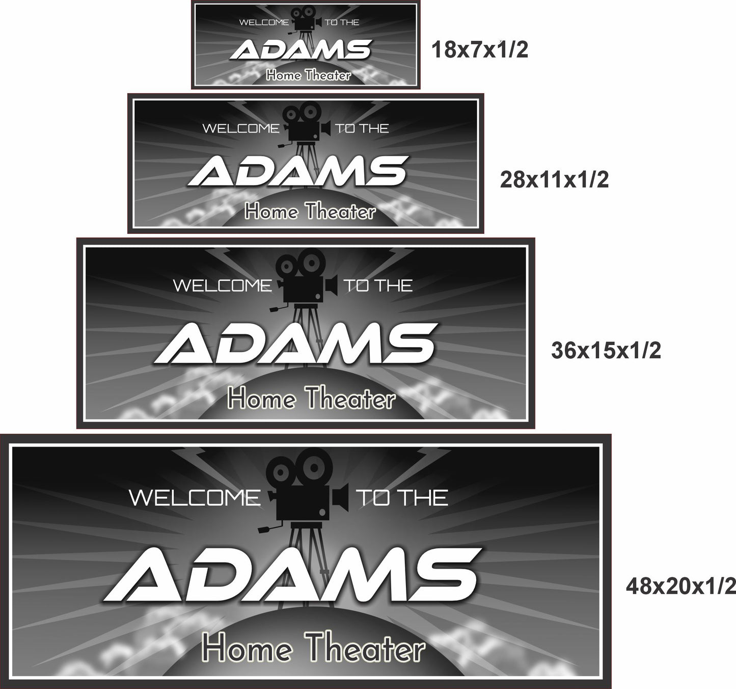 Home theater sign shown in four available sizes on a white background