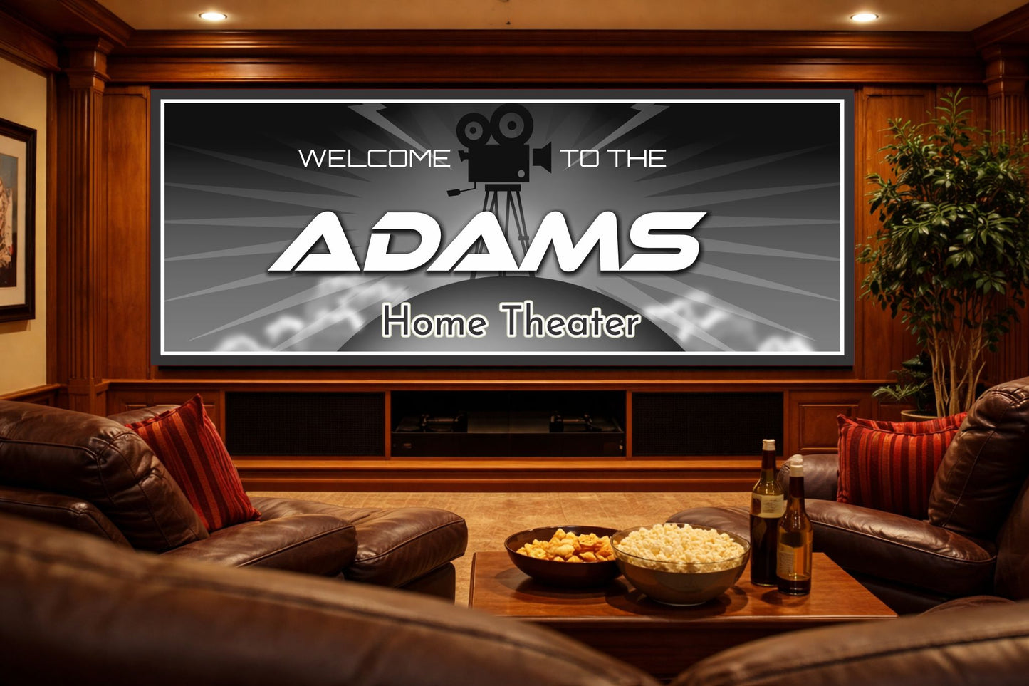 Home theater sign mounted above a screen in a cozy movie room with leather seating and warm lighting
