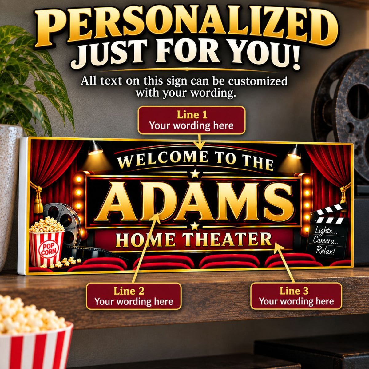 Personalization infographic showing three editable main text lines on a red and gold home theater sign.