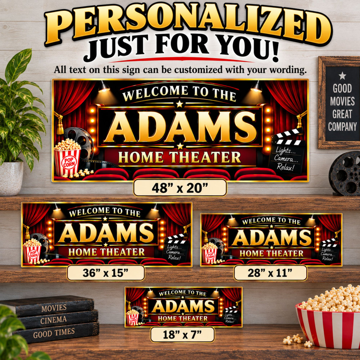 Personalized home theater sign size comparison showing 48×20, 36×15, 28×11, and 18×7 inch options.