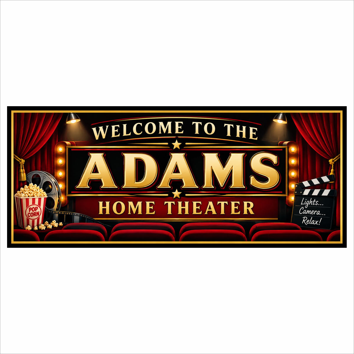 Custom home theater sign with personalized gold lettering, red curtains, printed marquee bulbs, theater seats, popcorn, and film accents.