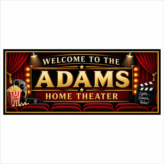 Custom home theater sign with personalized gold lettering, red curtains, printed marquee bulbs, theater seats, popcorn, and film accents.