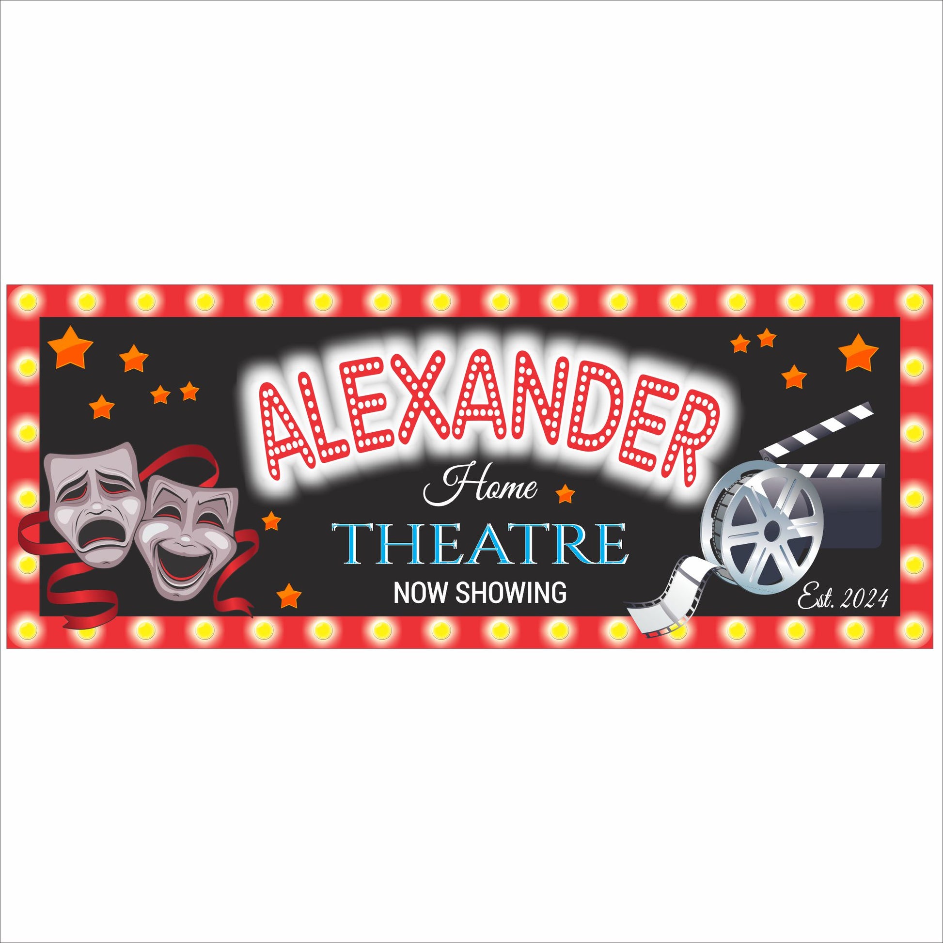 Personalized home theater sign with marquee lights, film reel, clapperboard, and customizable name text