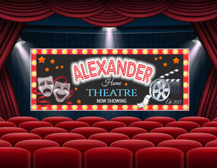 Personalized Home Theater Sign with Film Reel, Drama Masks, and Clapboard Designs