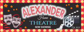 Personalized Home Theater Sign with Film Reel, Drama Masks, and Clapboard Designs