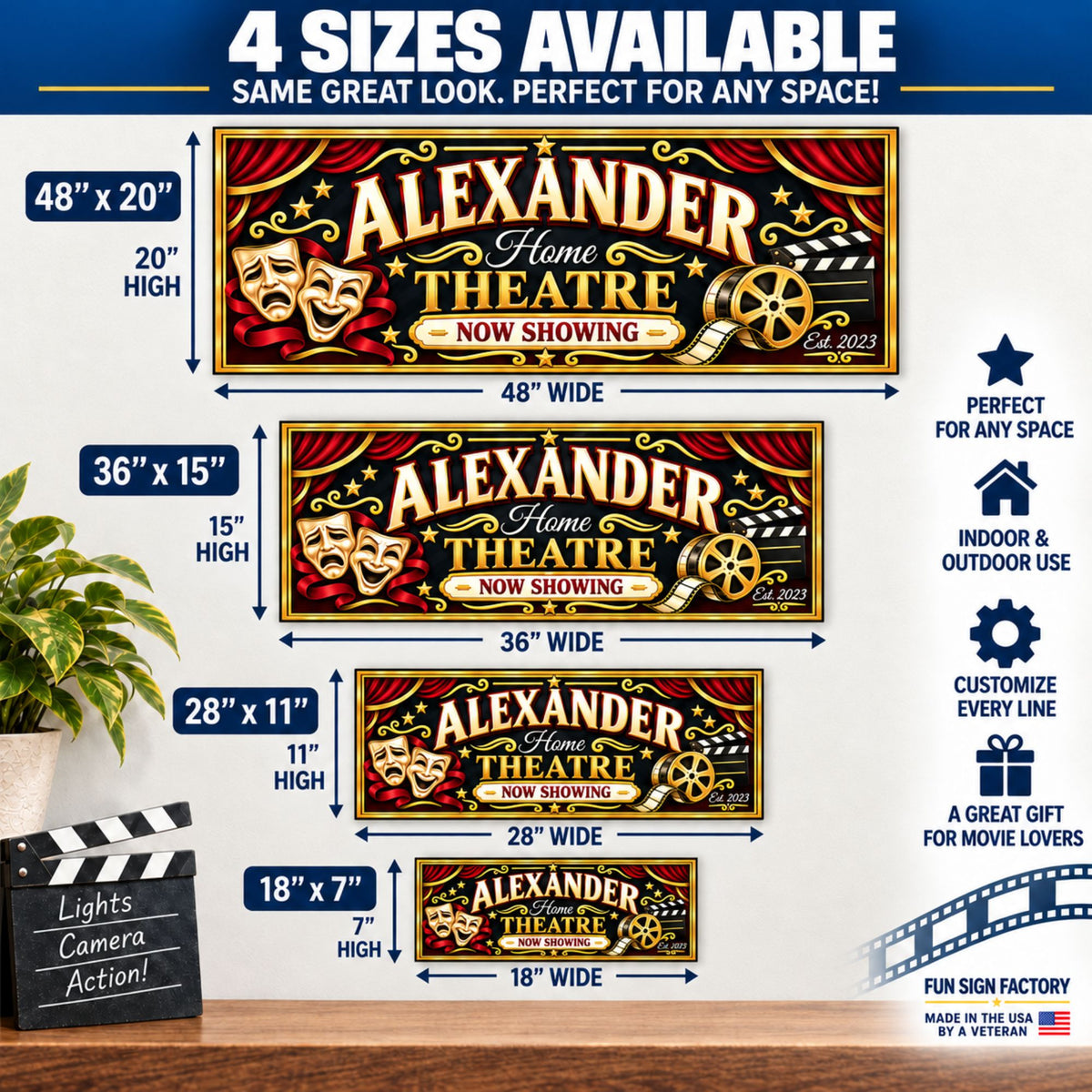Home theatre sign size comparison showing 48×20, 36×15, 28×11, and 18×7 inch options.