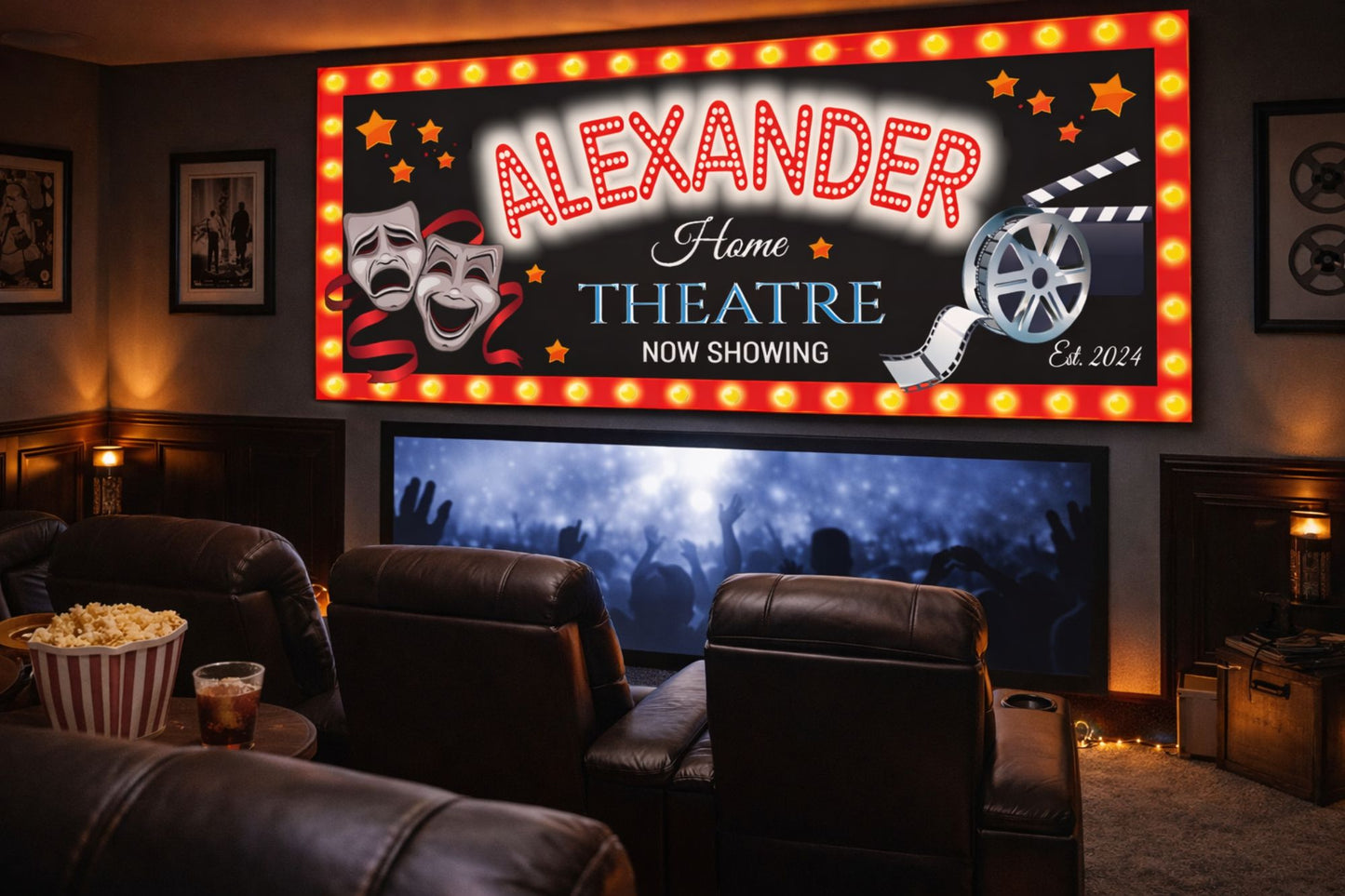 Custom home theater wall sign displayed above seating in a private movie room