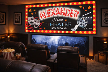 Custom home theater wall sign displayed above seating in a private movie room