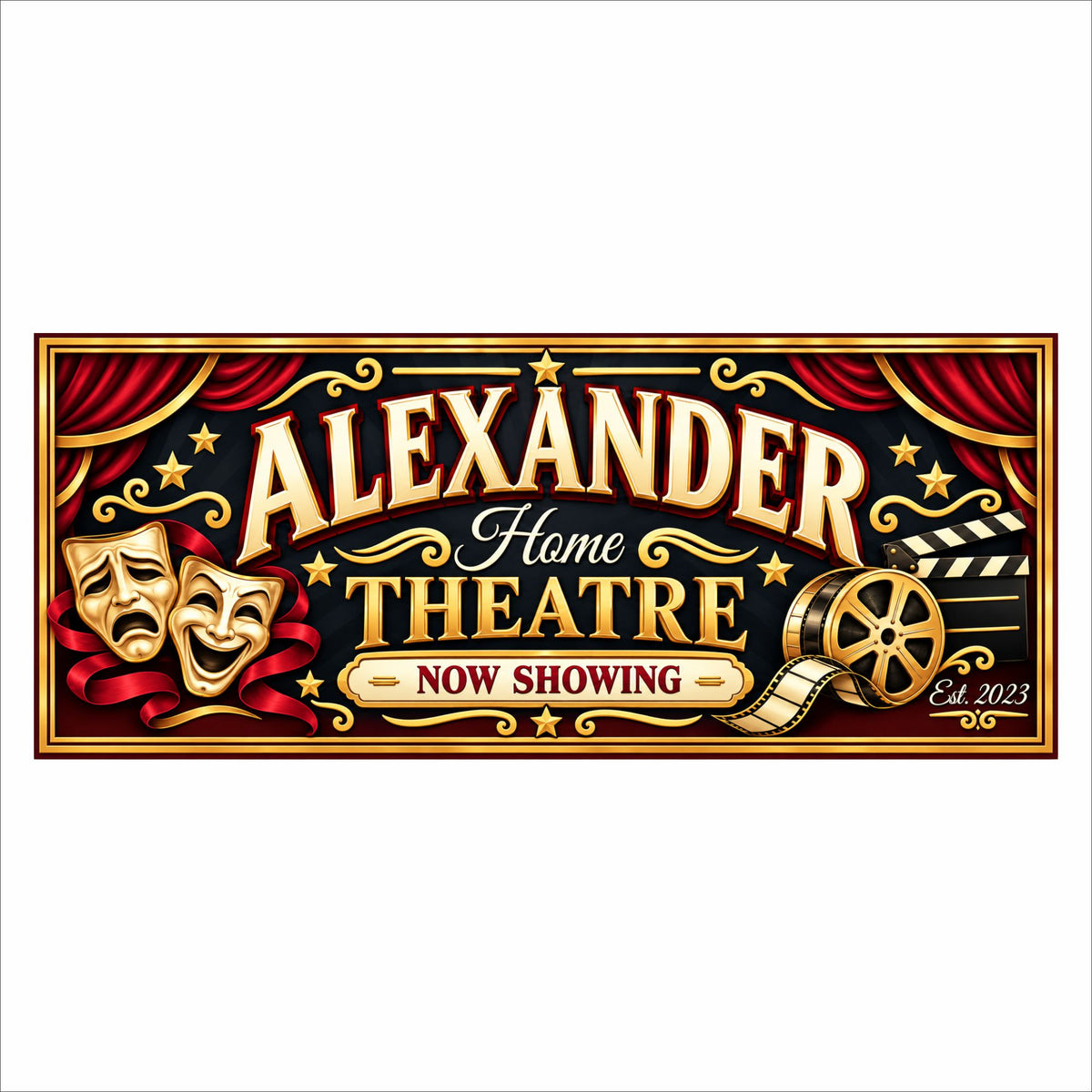 Personalized home theatre sign with red curtains, gold lettering, theatre masks, a film reel, and a Now Showing banner.