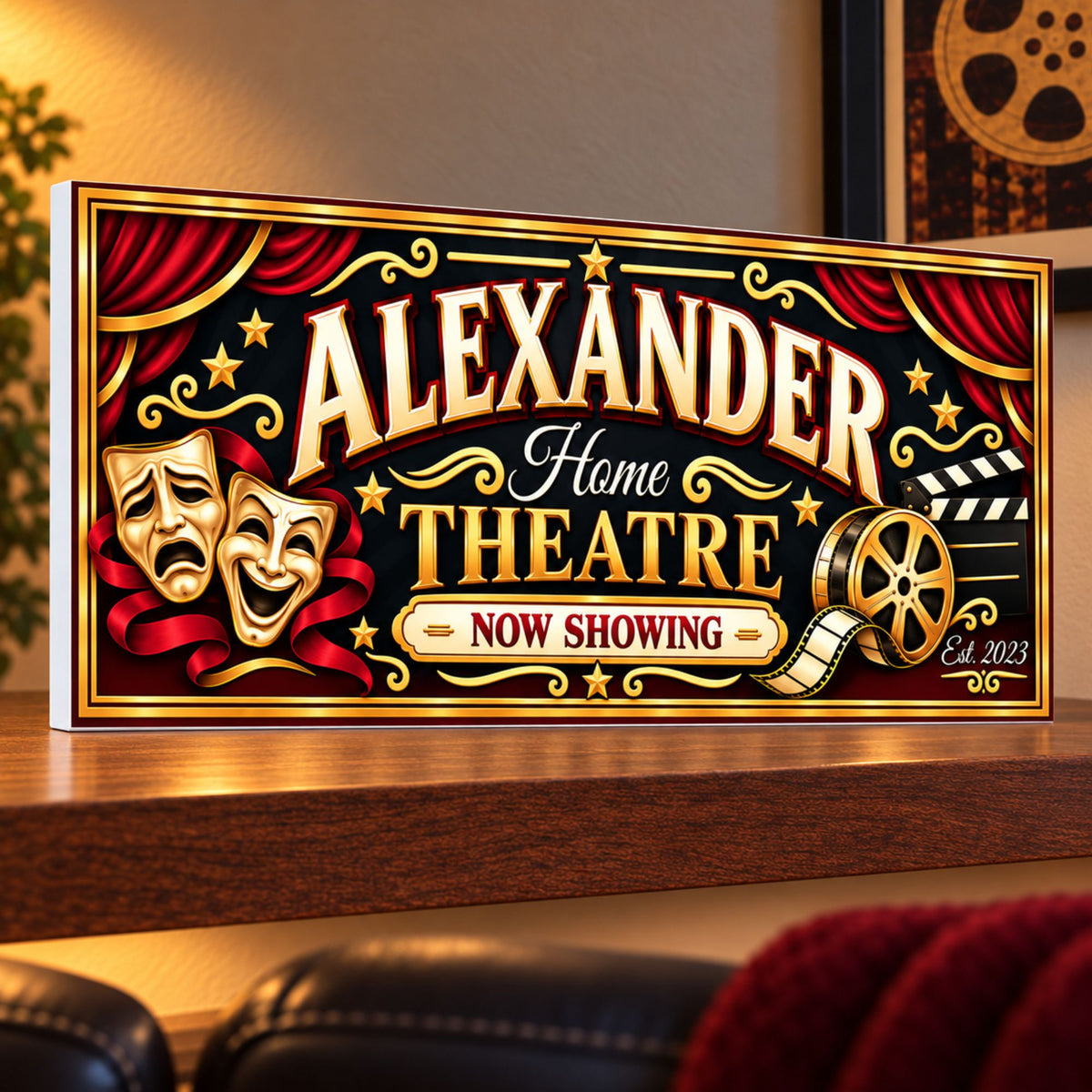 Custom home theatre sign displayed on a wooden shelf with a subtle white PVC edge in a warmly lit movie room.