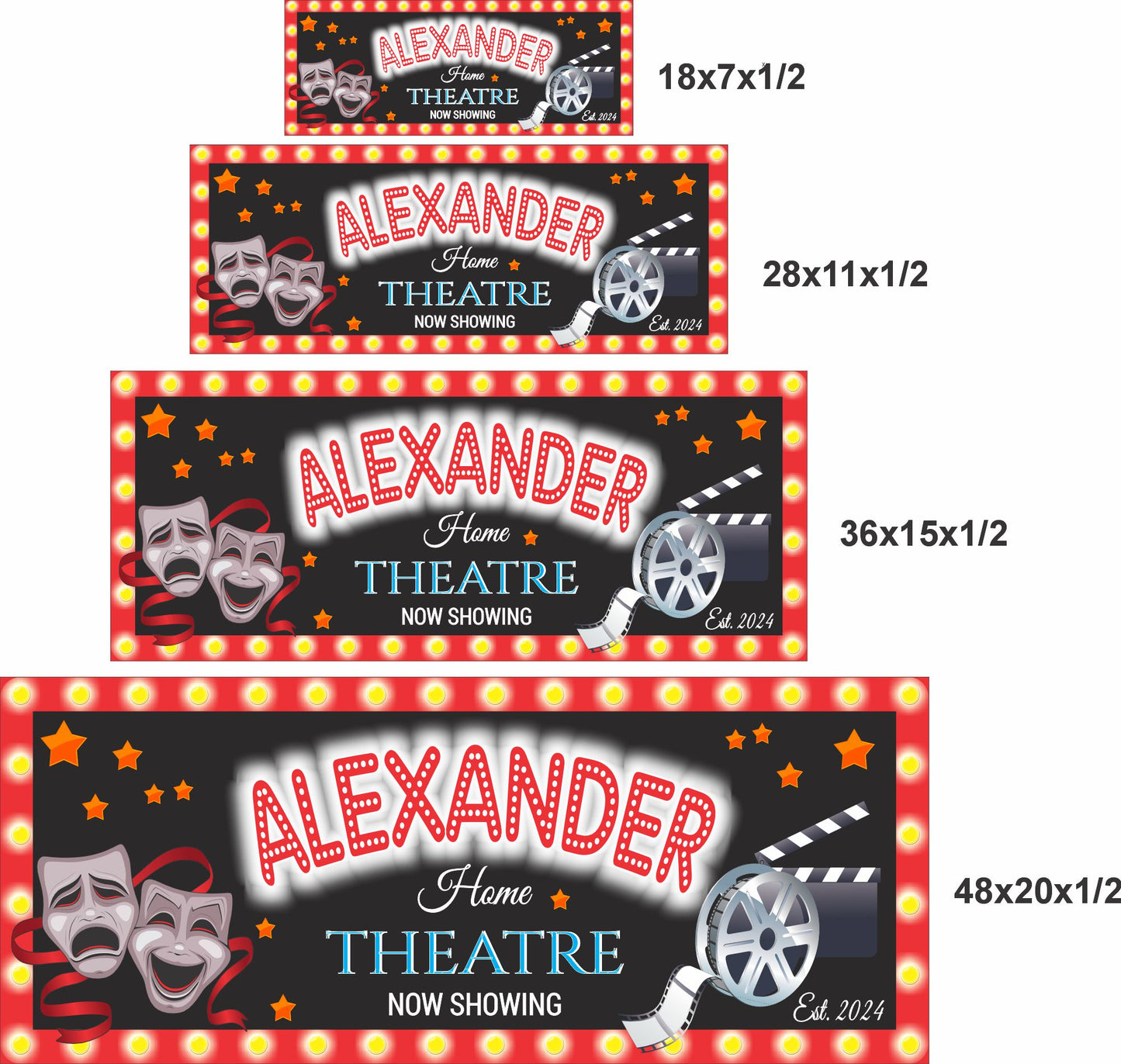 Personalized home theater sign shown in four size options for wall display