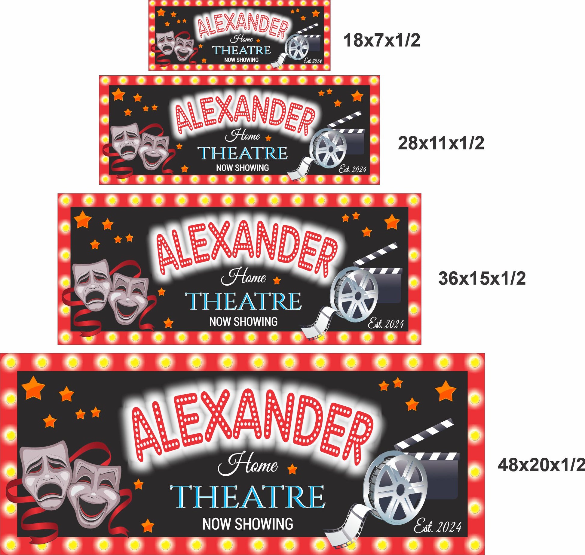Personalized home theater sign shown in four size options for wall display