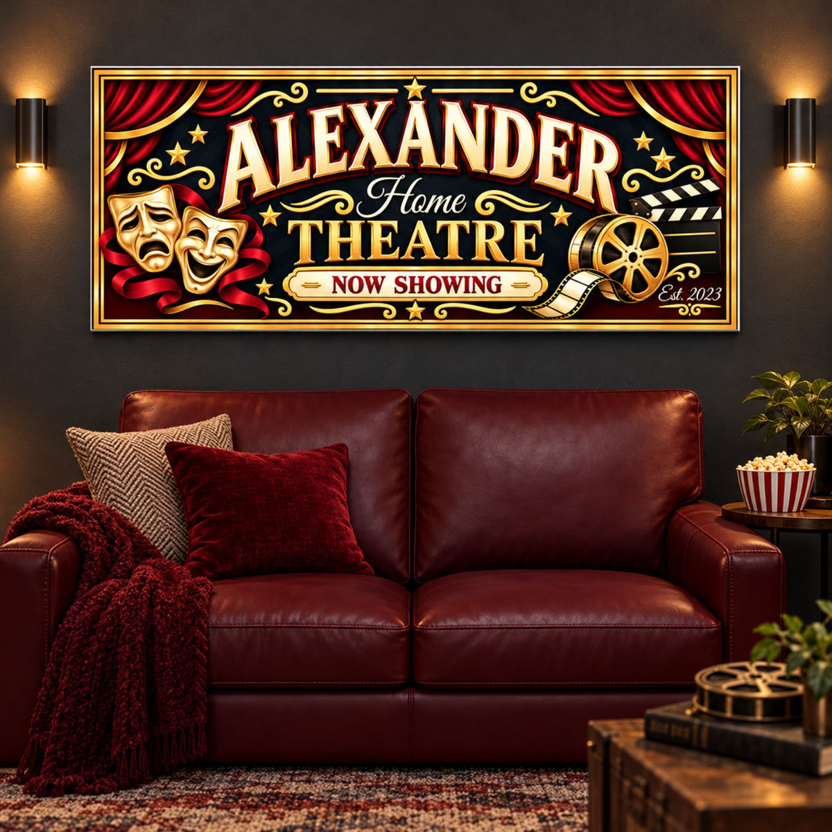 Personalized red and gold home theatre sign mounted above a burgundy sofa in a cozy movie room.