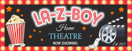 Personalized home theatre sign with retro marquee lights, popcorn bucket, film reel, and customizable text
