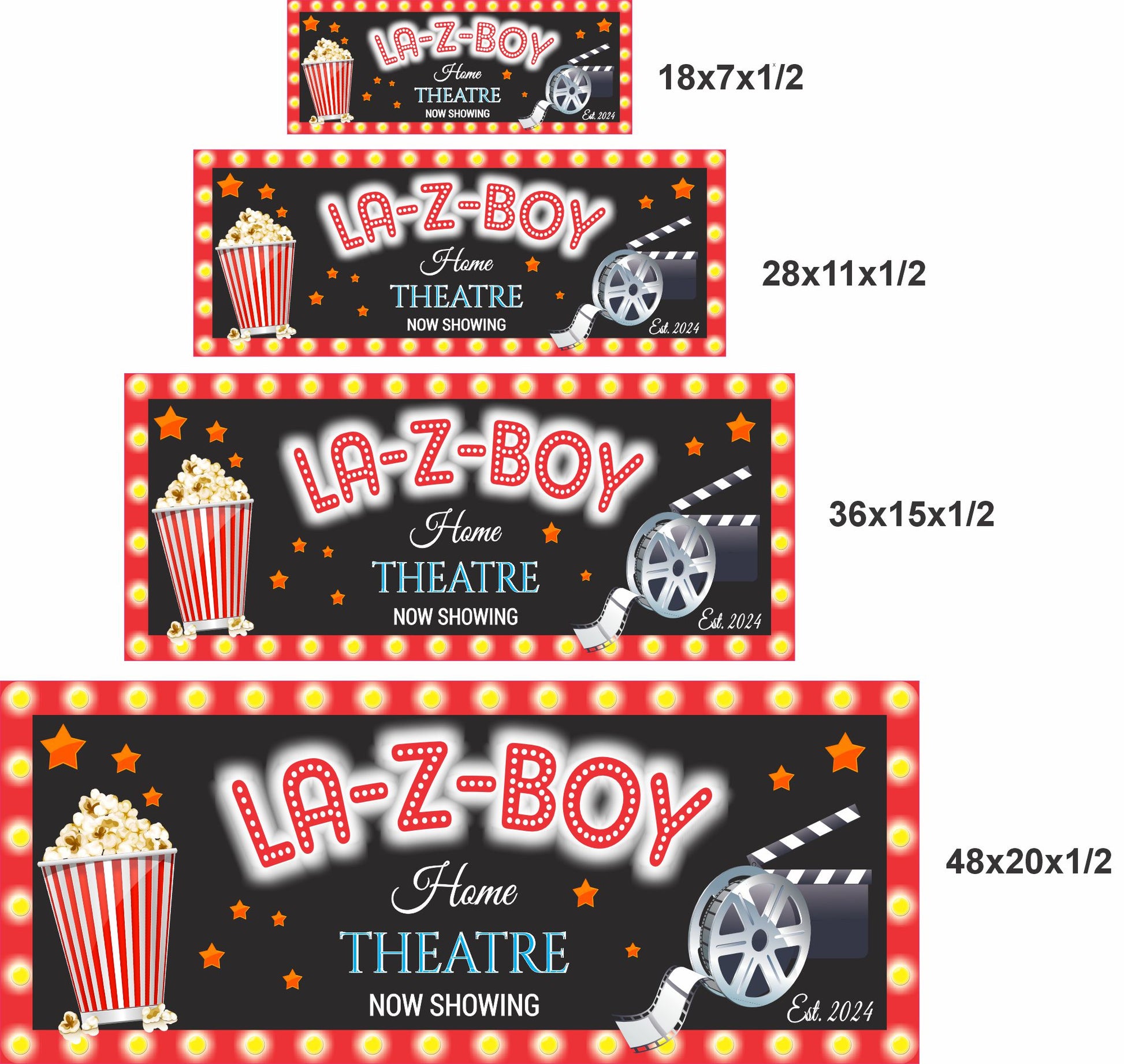 Personalized home theatre sign size options shown in 18x7, 28x11, 36x15, and 48x20 inches for scale reference