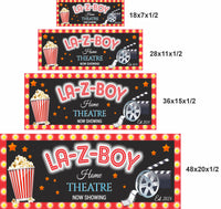 Four available sizes of personalized home theatre wall sign shown for easy size selection