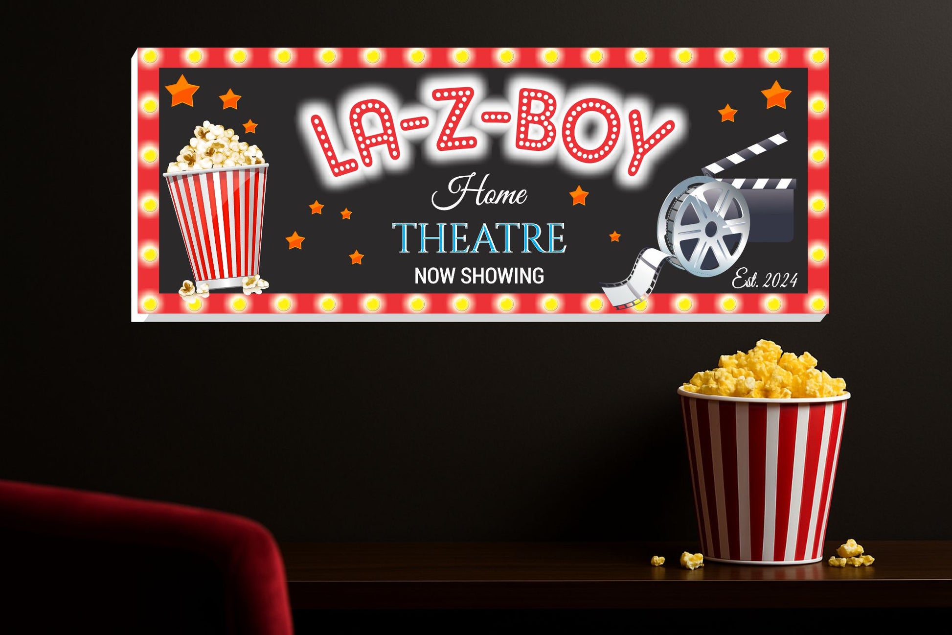 Custom home theatre sign displayed in a home movie room above theater seating