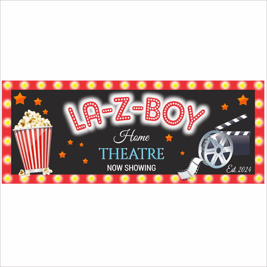 Personalized home theatre sign with marquee lights, popcorn, and film reel design