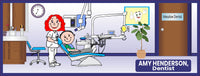 Personalized cartoon dentist sign with customizable hair color and editable text, depicting a dentist treating a patient.