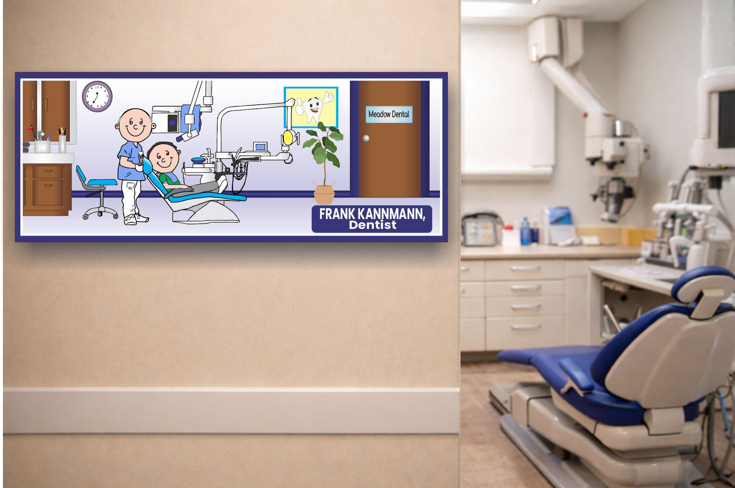 Dentist office wall sign displayed in a modern dental treatment room with a male dentist illustration and patient chair