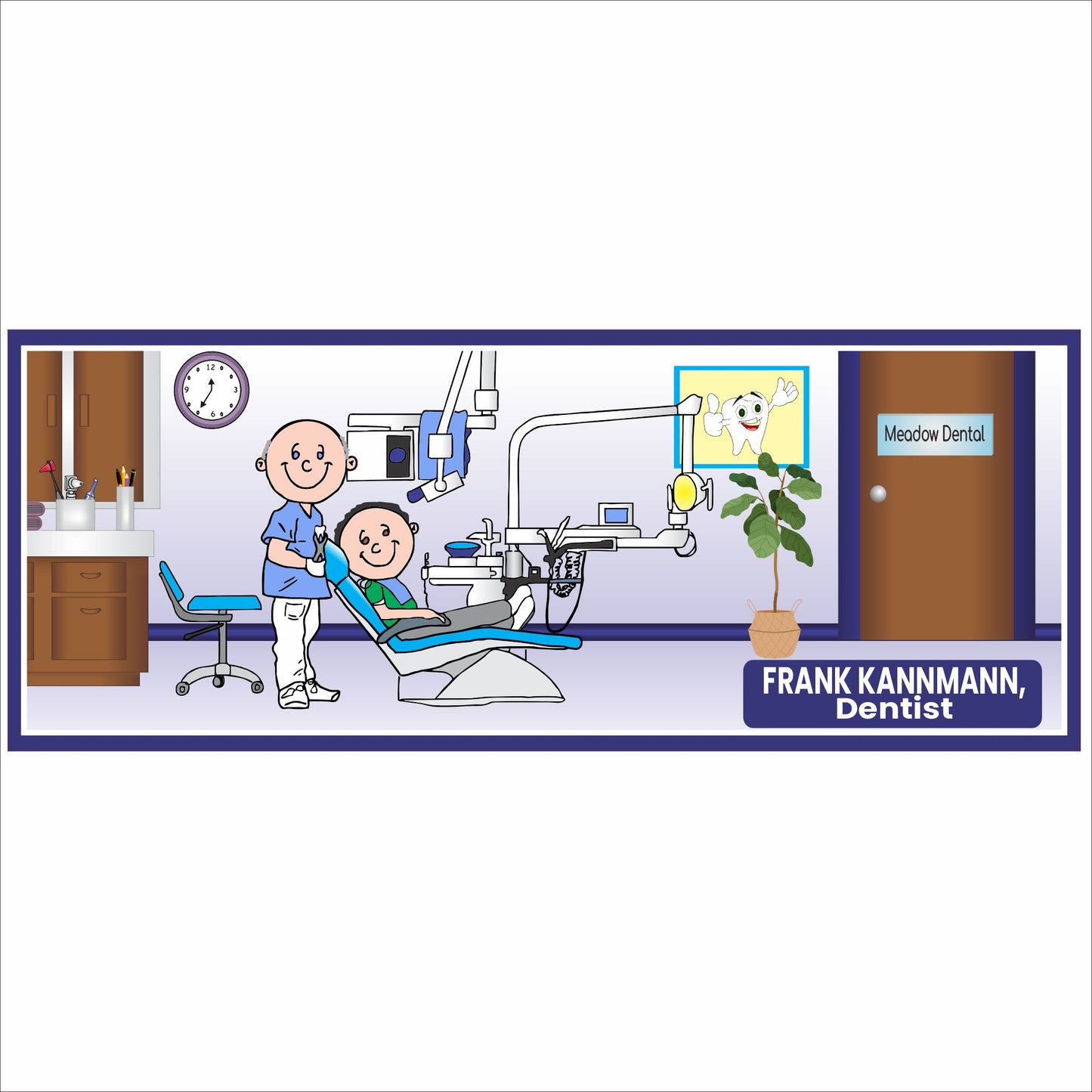 Close-up of personalized dentist office wall sign featuring a male dentist illustration in a dental treatment roomsetting
