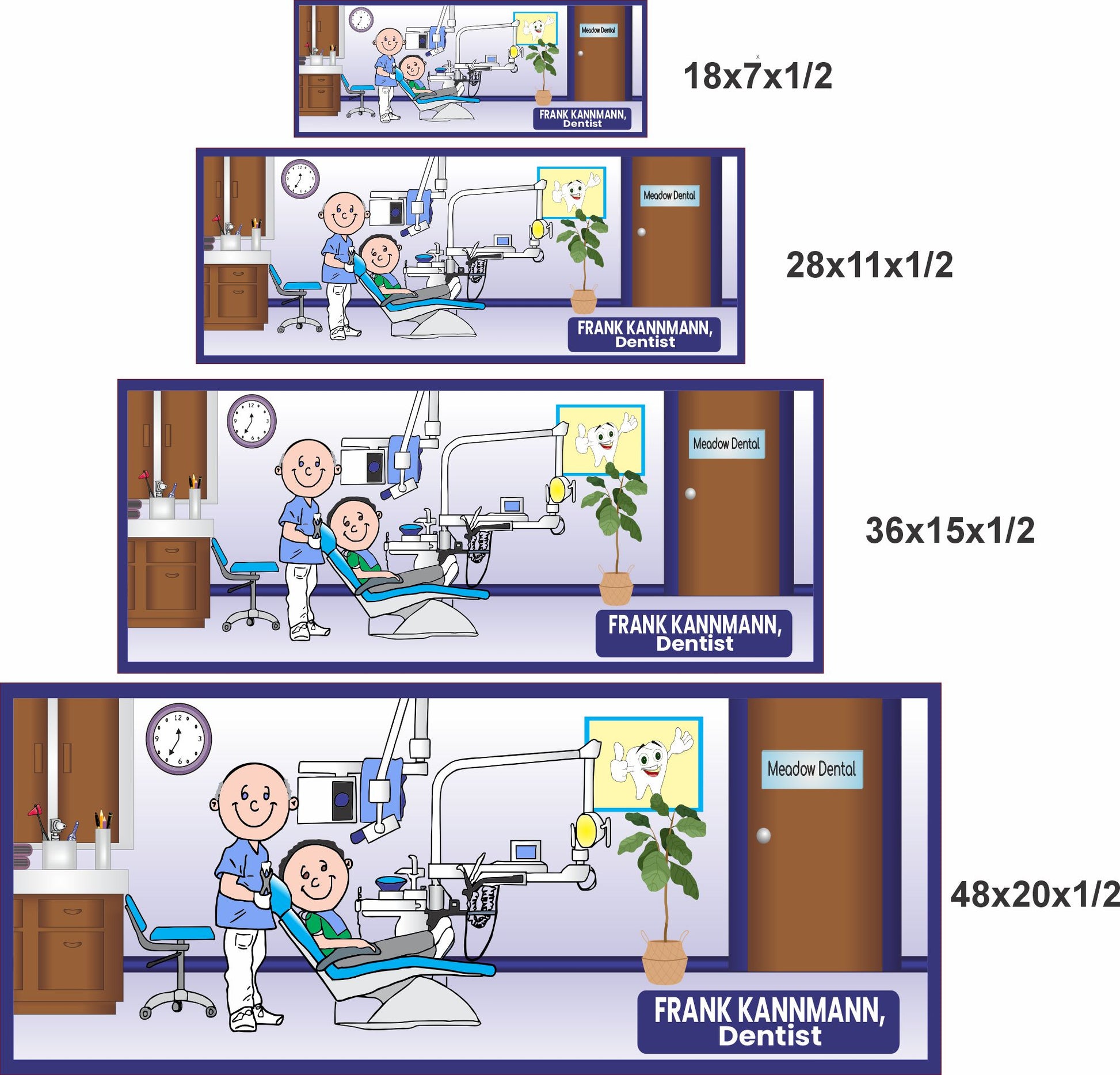 Dentist office sign with dentist illustration shown in four size options for wall display