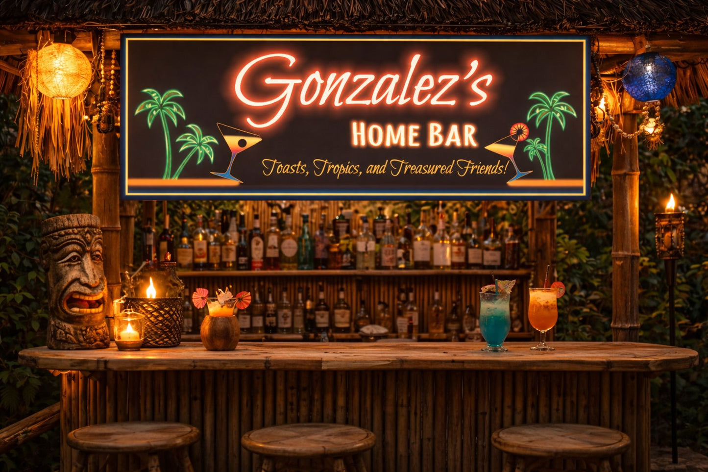 Tropical home bar sign displayed in an outdoor tiki bar setting with bamboo decor and warm lighting