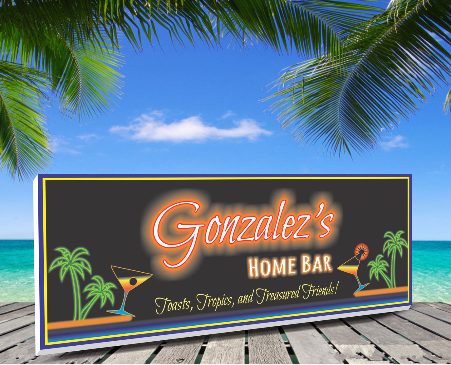 Neon-style tropical bar sign mounted on a wooden boardwalk with palm trees and ocean view