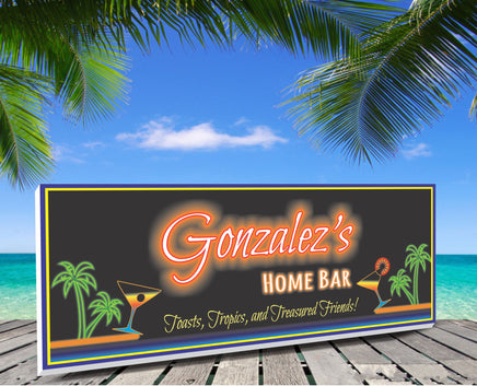 Neon-style tropical bar sign mounted on a wooden boardwalk with palm trees and ocean view