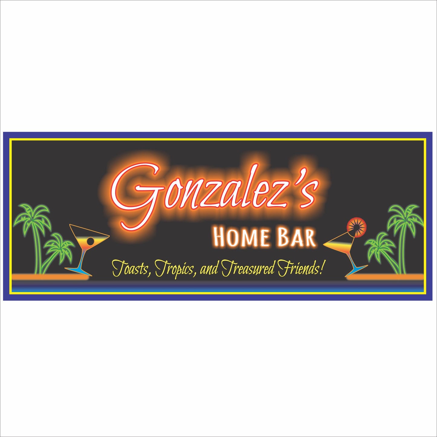 Personalized tropical home bar sign with neon-style lettering, palm trees, and cocktail graphics on a dark background