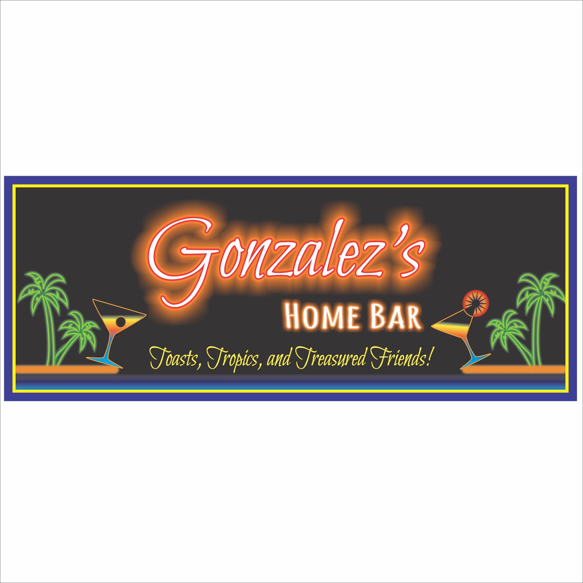Personalized tropical home bar sign with neon-style lettering, palm trees, and cocktail graphics on a dark background