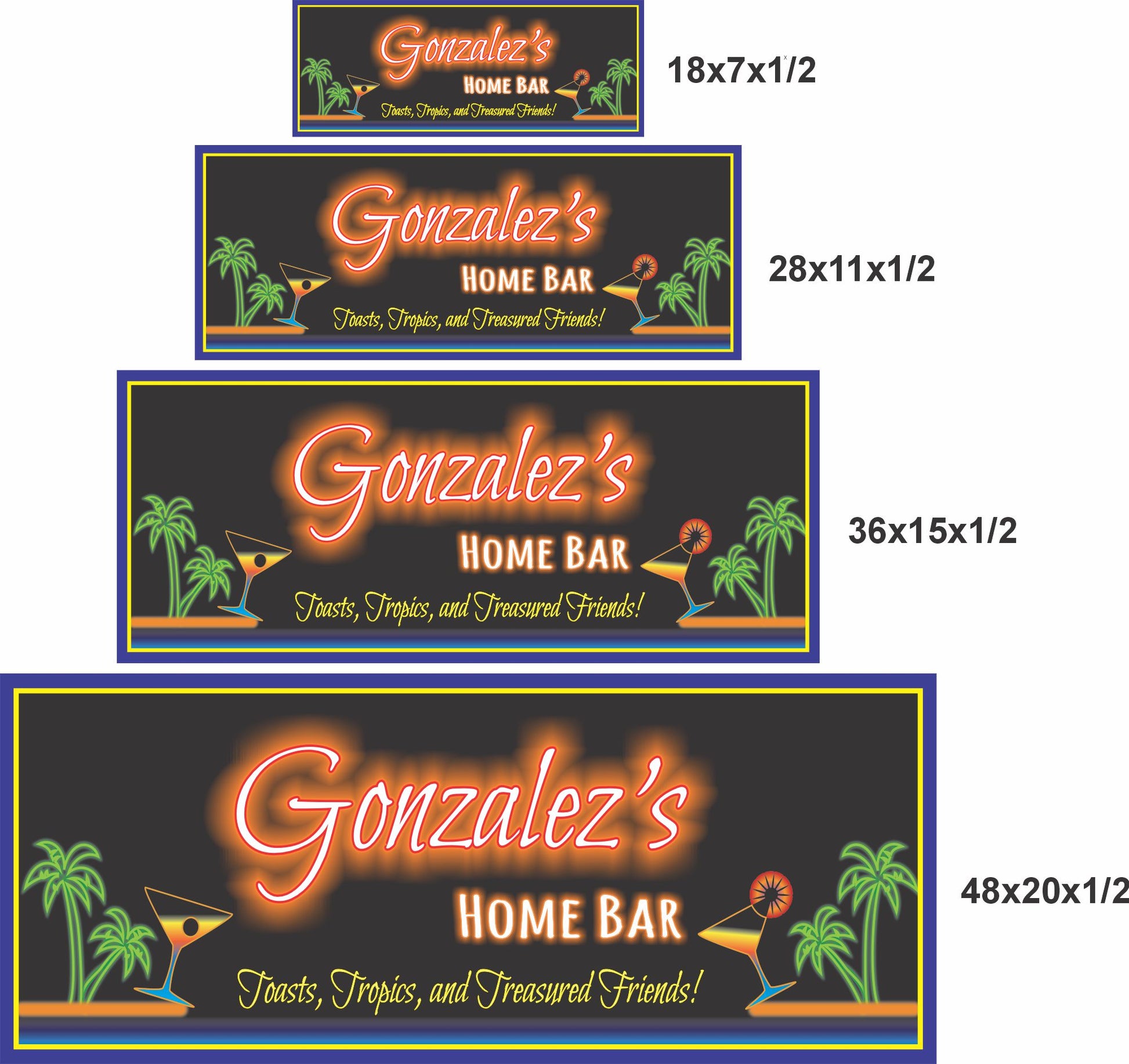 Tropical home bar sign shown in four available sizes on a white background