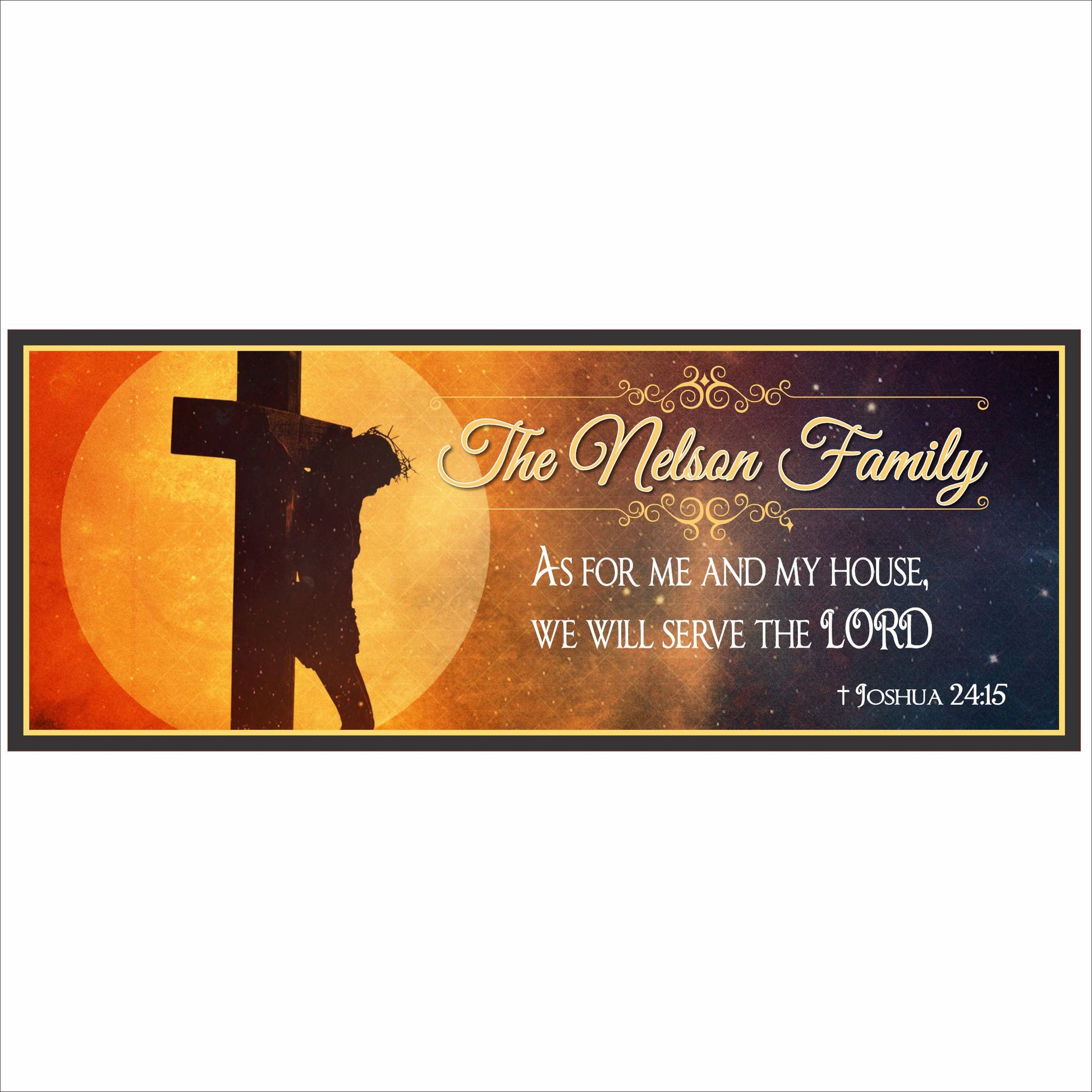 Christian scripture sign with cross silhouette, sunset background, and Joshua 24:15 Bible verse