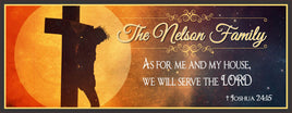 Jesus on the cross silhouette with Joshua 24:15 quote and customizable family name