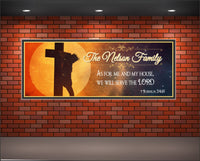 Personalized spiritual sign featuring Jesus on the Cross with the Joshua 24:15 verse, customizable for home or church decor.