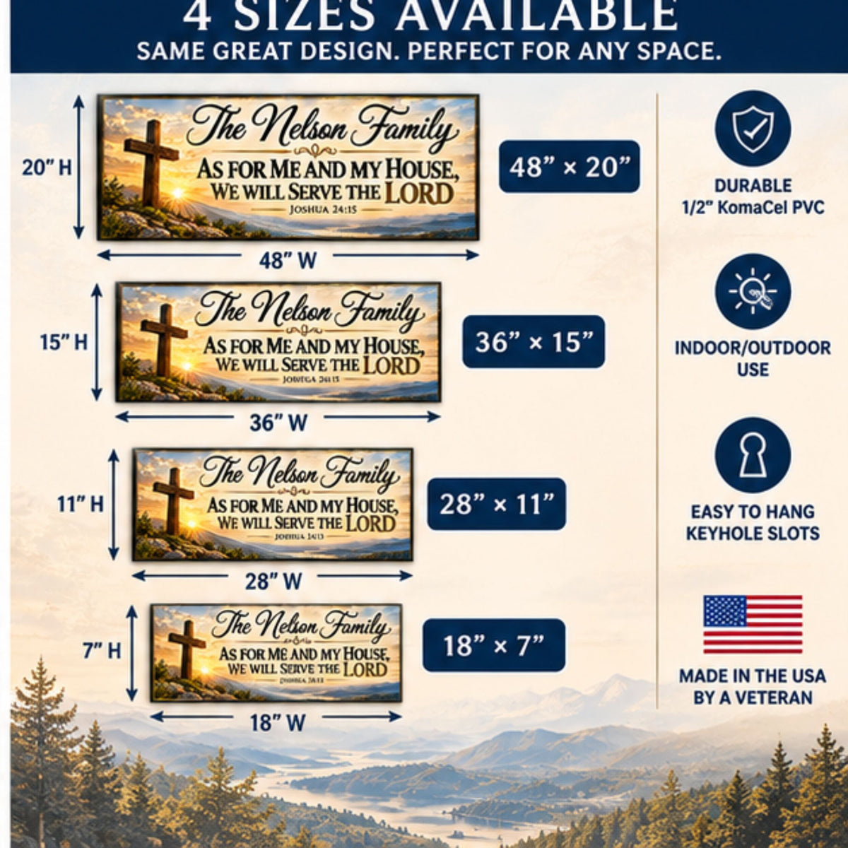 Christian family scripture sign size comparison showing 18×7, 28×11, 36×15, and 48×20 inch options with matching cross and sunrise design.