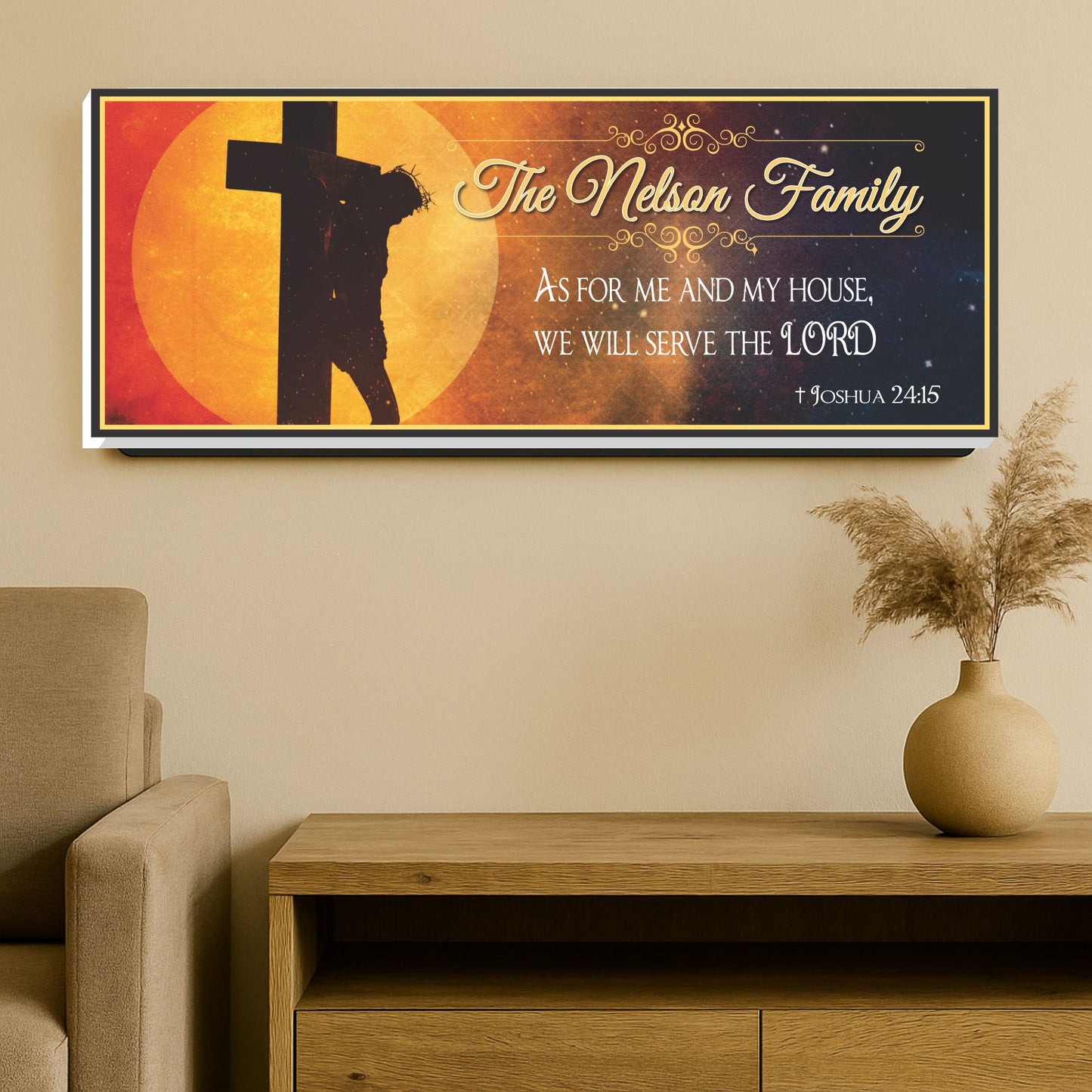 Faith-based wall sign displayed above a console table in a modern living room with neutral decor