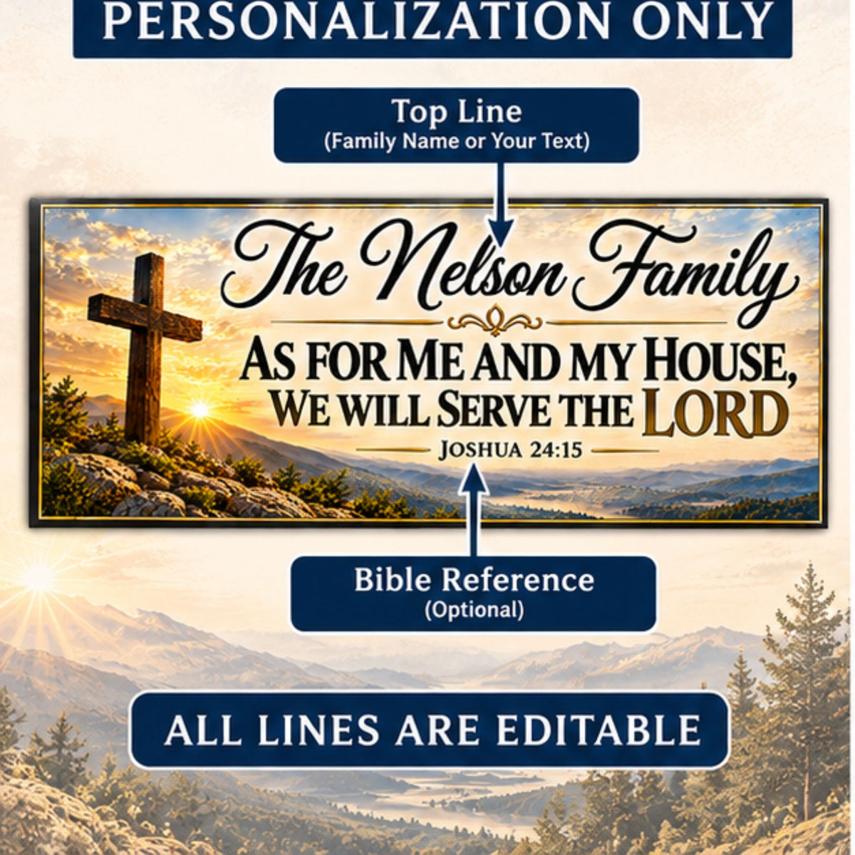 Personalization guide for Christian family sign showing editable family name at the top and optional Bible reference at the bottom.